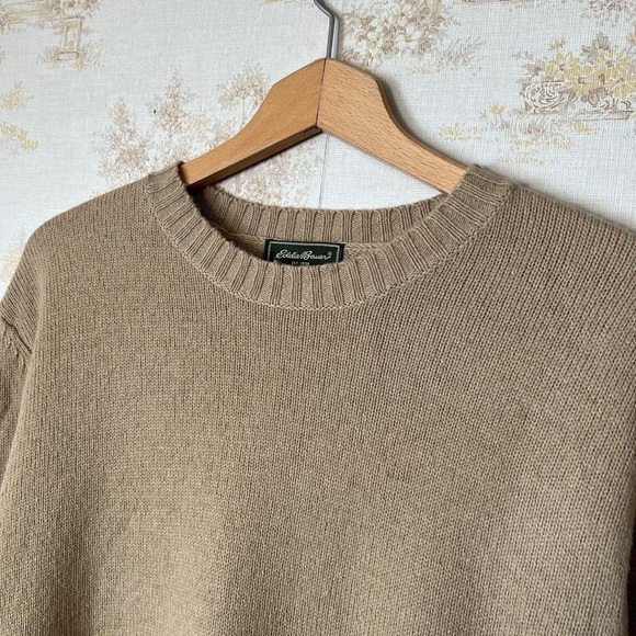 Vintage Eddie Bauer tan lambswool knit crewneck wool sweater preppy size L - Picture 3 of 8